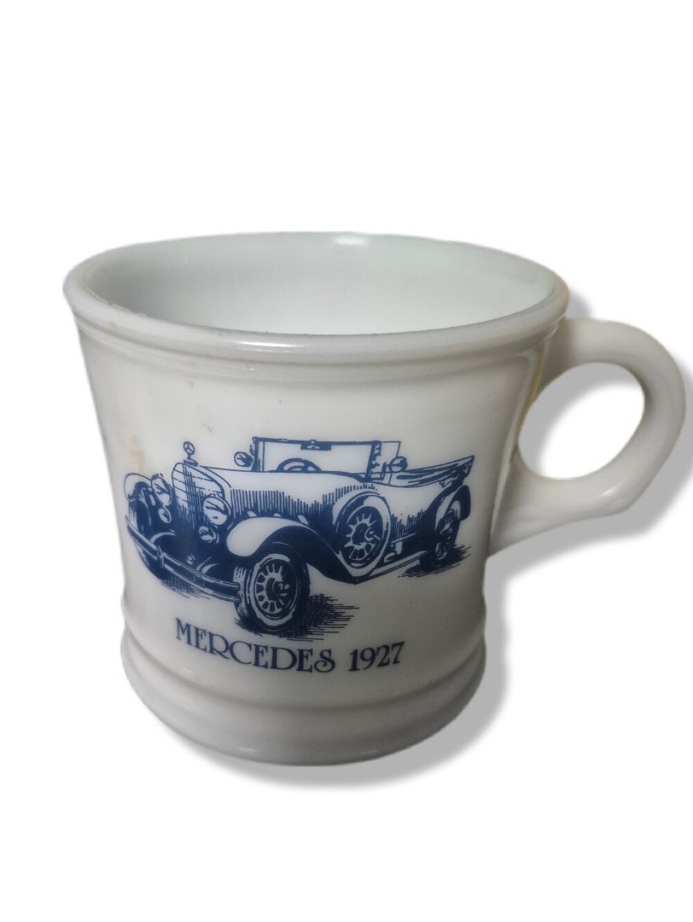 Vintage Surrey Milk Glass Shaving Mug w/ Blue 1927 Mercedes Graphic & Text